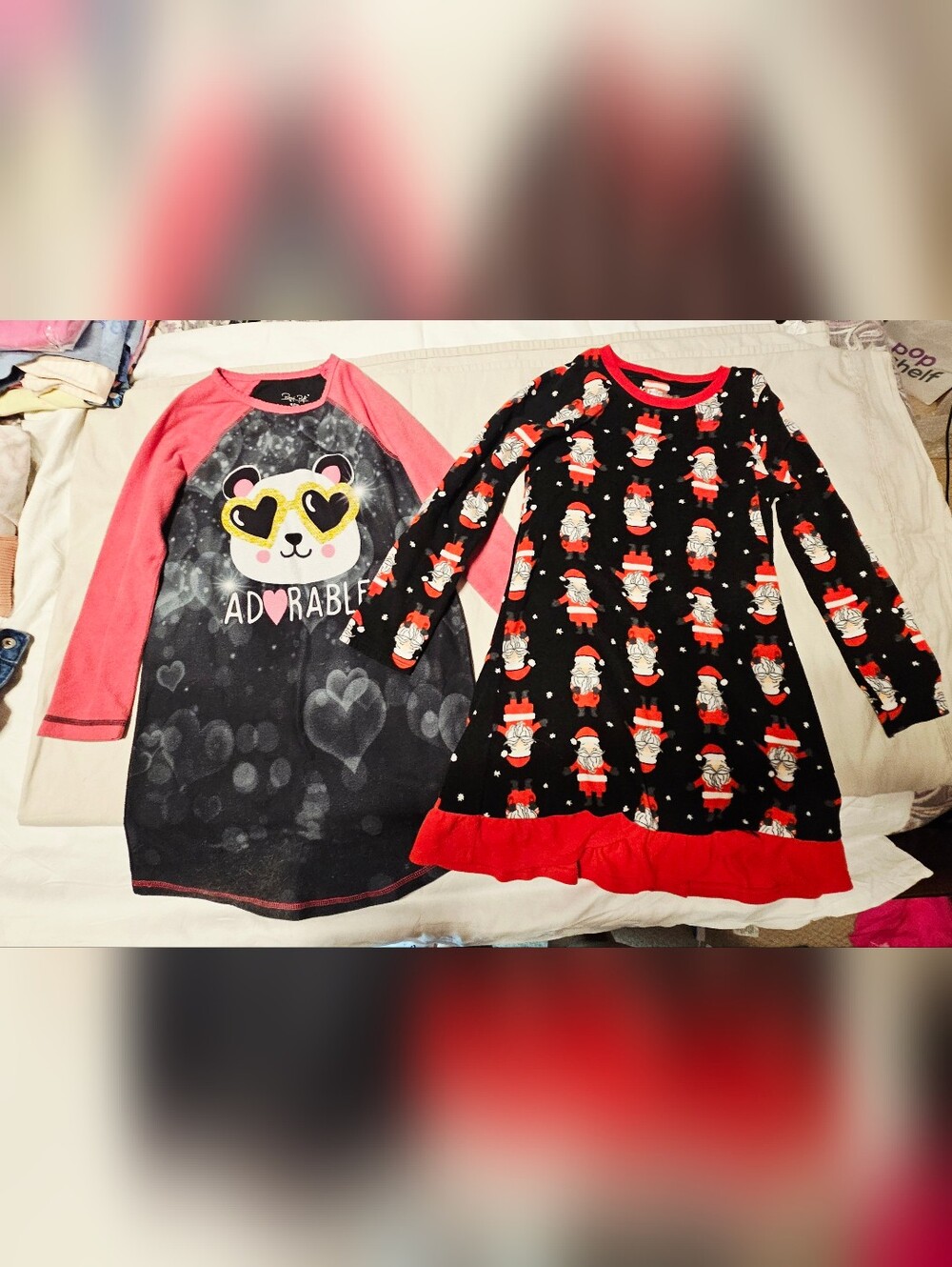 2 Girls Size M 7/8 Nightgowns | Panda Pajama Dress + Christmas Santa Nightgown